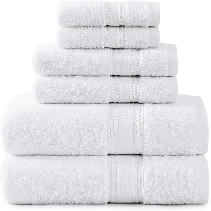 LANE LINEN Towel Set of 6 – 100% Mercerized Cotton, Zero Twist, 2 Large Bath Towel, 2 Hand Towels & 2 Wash Cloths, Quick Dry & Long-Lasting, Perfect for Family Bathrooms, Easy Care – White Towels