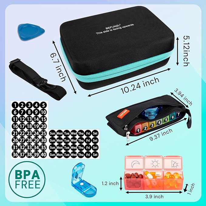 Monthly Pill Organizer 3 Times a Day, Medicine Organizer Box with Portable Hard Shell and Pill Cutter, 31 Day Pill Holder with Weekly Pill Bag(Green, 3 Times a Day)