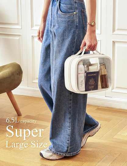 Clear Cosmetic Bag Double Layer Travel Toiletry Bag Clear Makeup Bag Case with 4 Compartments, Transparent Travel Bag for Toiletries, Large Toiletry Bag for Women Cosmetic Case (White, Large)