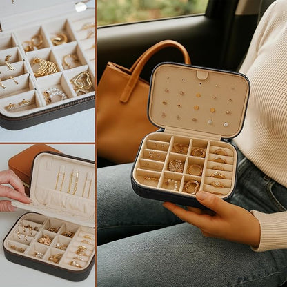 Small Travel Jewelry Box Organizer for women & Girls, Portable Small Travel Jewelry Case Organizer for Traveling, PU Leather Mini Box for Earrings, Necklaces, Rings, Bracelets - Black