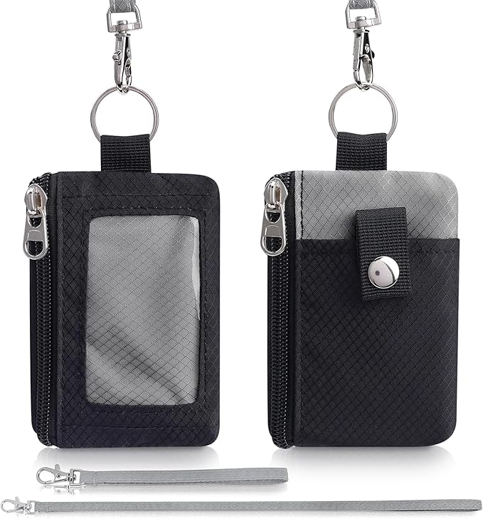 Minimalist Wallet For Mens Womens, Keychain RFID Blocking Zipper Small Wallet with ID Window 2 Lanyards,Water Resistant Travel Cash Card Coin Case Boys Girls
