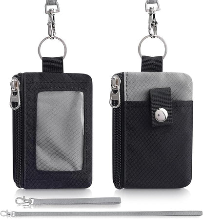Minimalist Wallet For Mens Womens, Keychain RFID Blocking Zipper Small Wallet with ID Window 2 Lanyards,Water Resistant Travel Cash Card Coin Case Boys Girls
