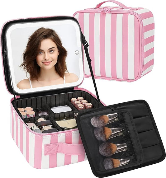 TANTO Makeup Bag With LED Mirror, Travel Makeup Case with Light up Mirror Large Cosmetic Case with 3 Color Lighted Portable Organizer Bag with Adjustable Dividers (Pink/White Stripes, Small)