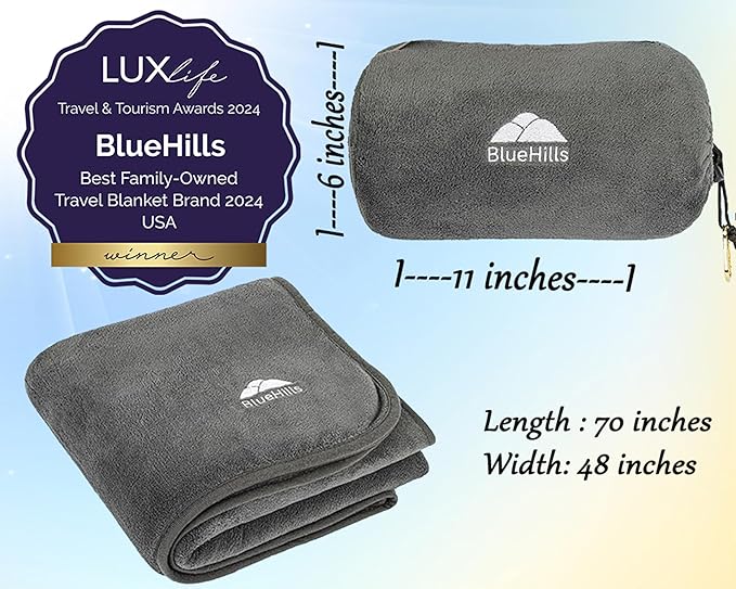 BlueHills Travel Blanket Pillow Rolled Premium Soft Plush Airplane Throw Traveling Essentials Compact in a Bag 70 X 48 inches for Long Plane Flight Portable Lightweight Grey Gray R01