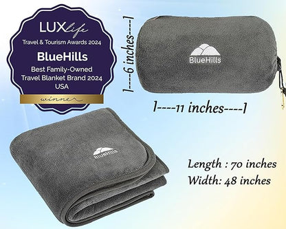 BlueHills Travel Blanket Pillow Rolled Premium Soft Plush Airplane Throw Traveling Essentials Compact in a Bag 70 X 48 inches for Long Plane Flight Portable Lightweight Grey Gray R01