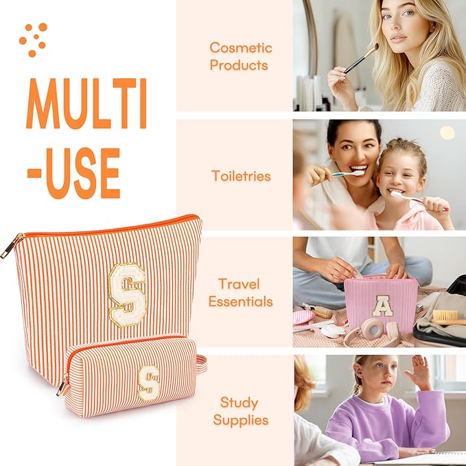 2 PCS Initial Makeup Bags for Women: Cosmetic Bag for Travel Toiletry - Birthday Gifts for 11 12 13 14 15 16 17 18 Years Old Girl Graduation Teacher Gift- Teen Girl Gifts Trendy Stuff - Orange S