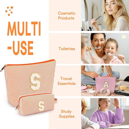 2 PCS Initial Makeup Bags for Women: Cosmetic Bag for Travel Toiletry - Birthday Gifts for 11 12 13 14 15 16 17 18 Years Old Girl Graduation Teacher Gift- Teen Girl Gifts Trendy Stuff - Orange S