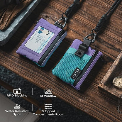 VULKIT Small RFID Wallet for Women & Men – Minimalist Zipper Wallet with ID Window, Keychain & Carabiner, Holds 15 Cards, Water Resistant Travel Lanyard Wallet AauaGreen Purple