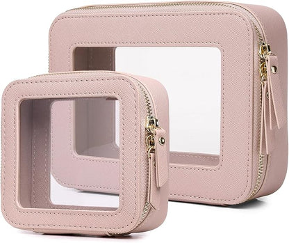 Pinkmik Clear Makeup Bag Waterproof Travel Case for Cosmetics and Toiletries Women's Purse Organizer and Clear Car Bag with Zipper (Pink, M+MINI)
