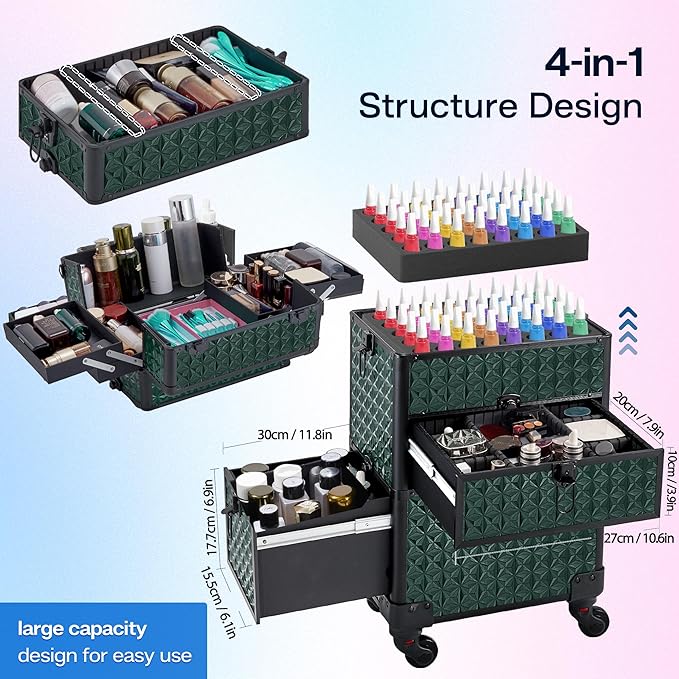Makeup Train Case with Drawer, Rolling Makeup Case, Cosmetology Case on Wheels, Gift, Large Makeup Case Organizers, Professional for Salon Barber, Nail, Tattoo, Black Green