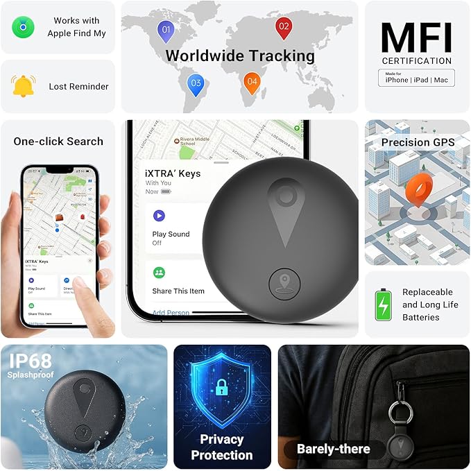 iXTRA New Air Tracker Tag-4Pack with Holder, Bluetooth Item Finder Work with Apple Find My APP (iOS Only), Easy Battery Replacement, Smart Keys Finder and Item Locator for Keys,Wallet,Pet (4 Black)