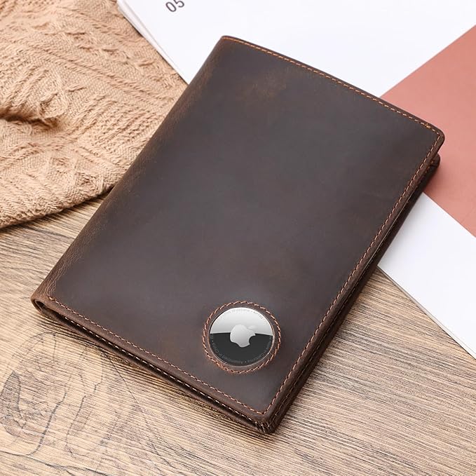 Polare Luxury RFID Blocking Leather Passport Holder Travel Wallet For Men and Women (Dark Brown with AirTag Slot)