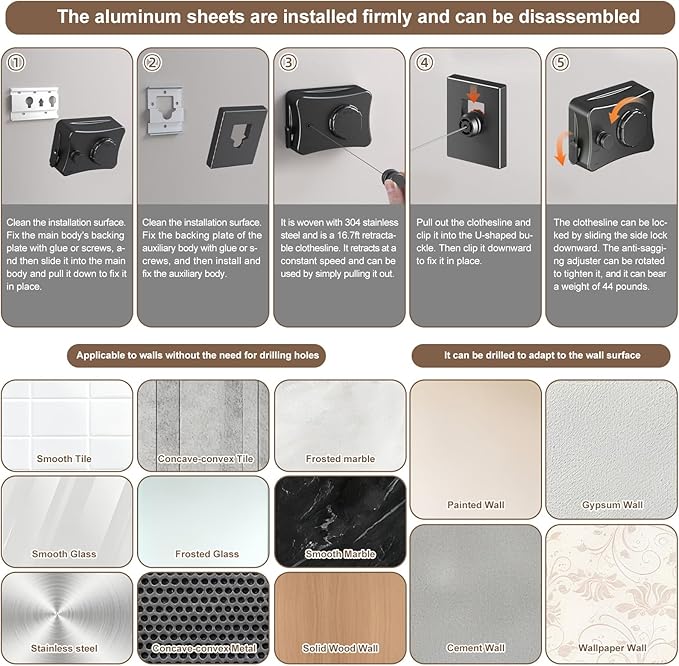 Retractable Clothesline for Outdoor & Indoor Use, 16.73 Ft Heavy Duty Retracting Clothes Line with Single Stainless Steel Rope - Laundry Drying Rack for Bathroom, Outside Areas (Black)