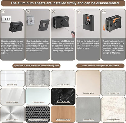 Retractable Clothesline for Outdoor & Indoor Use, 16.73 Ft Heavy Duty Retracting Clothes Line with Single Stainless Steel Rope - Laundry Drying Rack for Bathroom, Outside Areas (Black)