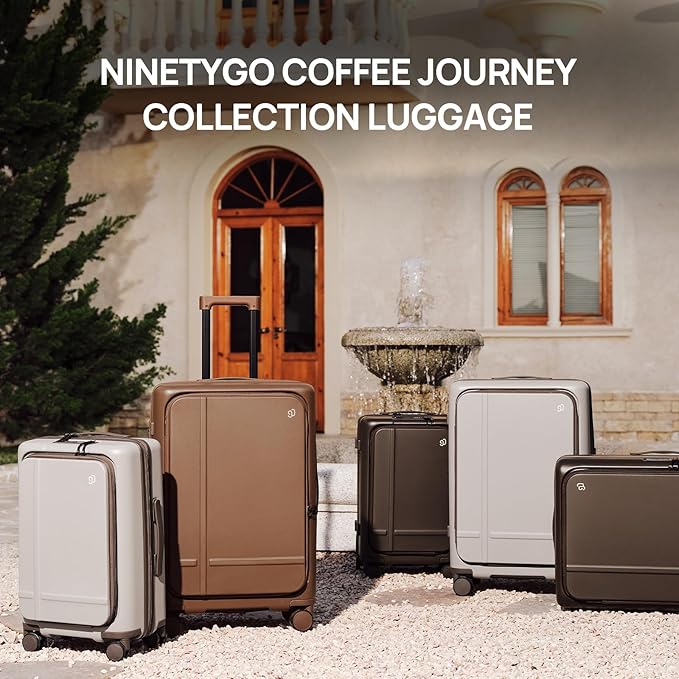 NINETYGO Large Checked Luggage 29 Inch, Flat Top Opening Checking In Luggage with Brake Wheels, Expandable, Coffee-Infused PC Hard Shell, Eco-Friendly, TSA Lock, 360° Spinner Wheels (Latte)