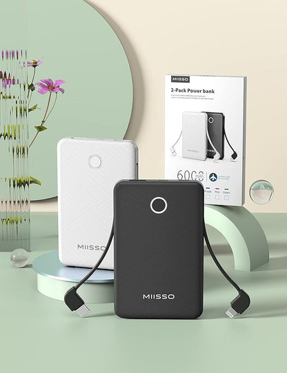 6000mah Ultra Slim Built in Cables Power Bank, Card Size Built in USB C Cords Battery Pack Portable Charger for Phones, 3 Output External Battery Pack Compatible with iPhone, 2-Pack Black & White