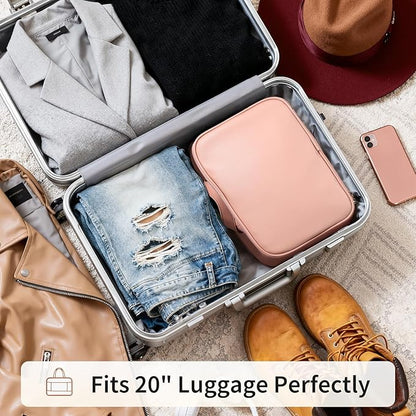 Large Travel Toiletry Bag with Makeup Brush Holder, 25 Pockets, Double Reinforced Handles & Luggage Sleeve, Waterproof PU Leather Cosmetic Organizer (Pink)