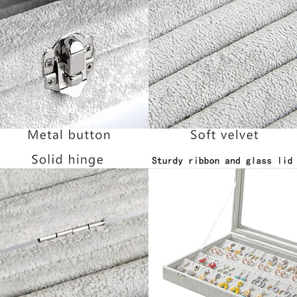 Coward Earring Organizer Tray Box, Grey Beige Velvet Earring Jewelry Display Storage Tray Case with Transparent Glass Lid for Home Drawer or Shop Selling