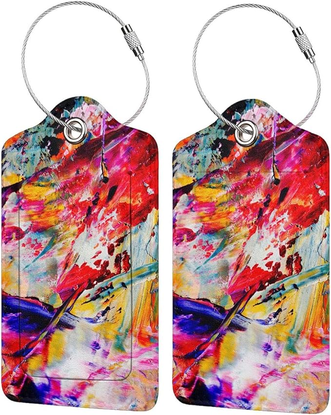Red Oil-Painting Luggage Tags for Suitcases, Stylish Art Colorful Leather Bag Tag with Privacy Cover Stainless Steel Loop for Women Teen Girls Adults, 2-Pack Name Labels Tags for Baggage Backpack
