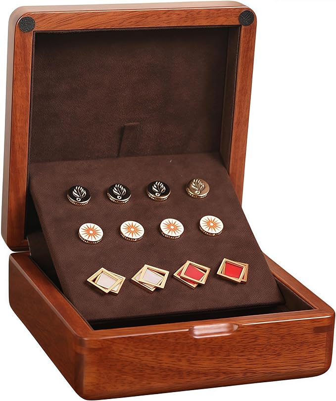 Solid Rosewood Cufflink Organizer Storage Box Genuine Wood Jewelry Case for 12 Cufflinks, Rings, Earrings Compact Travel Gift with Velvety Lining (Dark Brown/Light Coffee)