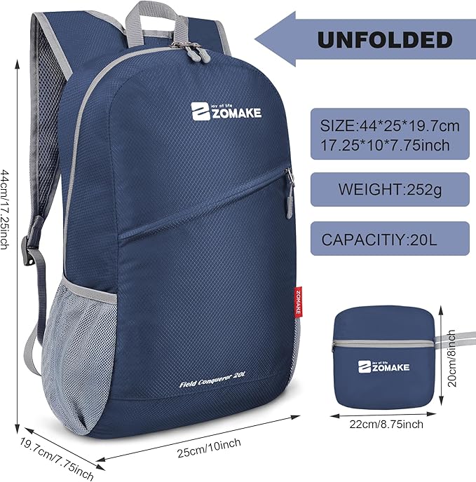 ZOMAKE Lightweight Packable Backpack 20L, Foldable Backpacks Small Daypack for Hiking Water Resistant Day Bag for Travel(Navy blue)