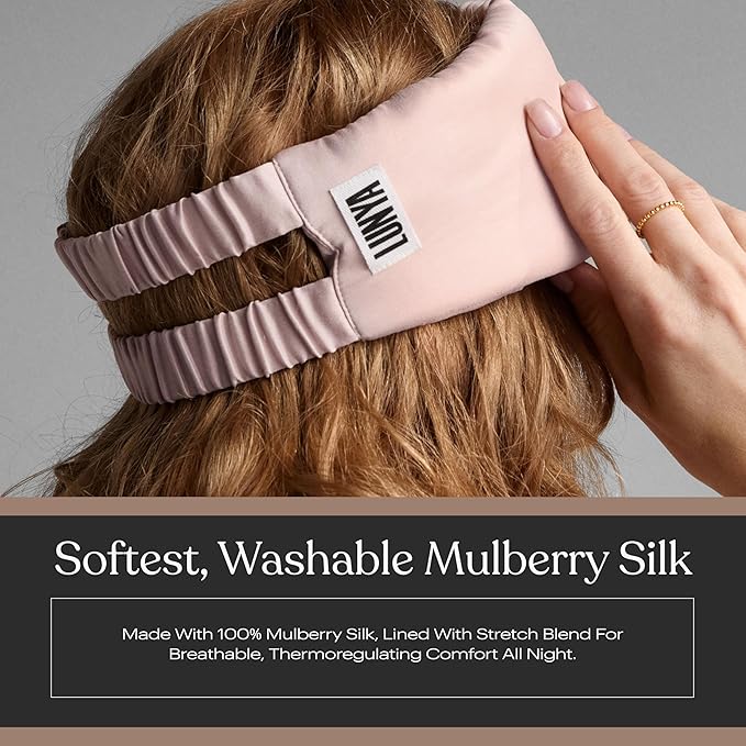 Lunya Weighted Silk Sleep Mask – Mulberry Silk Eye Cover with Cooling Glass Beads, Noise-Reducing Fit, Washable Fabric, and Travel Pouch – Sleeping Mask for Men and Women - Delicate Pink - Small