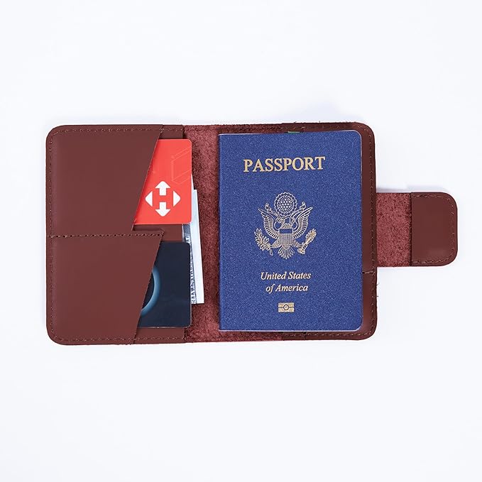 Passport Cover Leather - Travel Passport Wallet Compatible with Airtag Passports Cover with Card Slots & Note Compartment, Magnetic Closure, Genuine Leather, Classic Brown