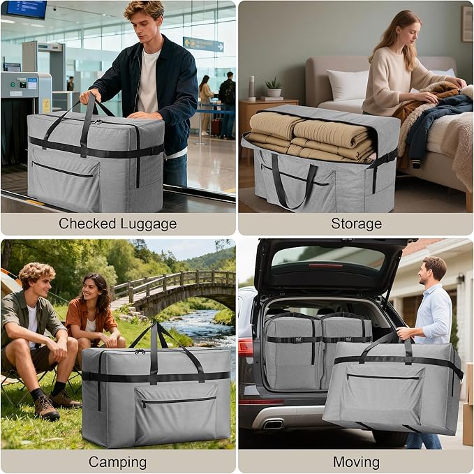 SUNUP Extra Large Duffle Bag for Travel, 120L Foldable Travel Duffel Bag for Men Women, Waterproof Overnight Weekender Moving Storage Bags, Gray