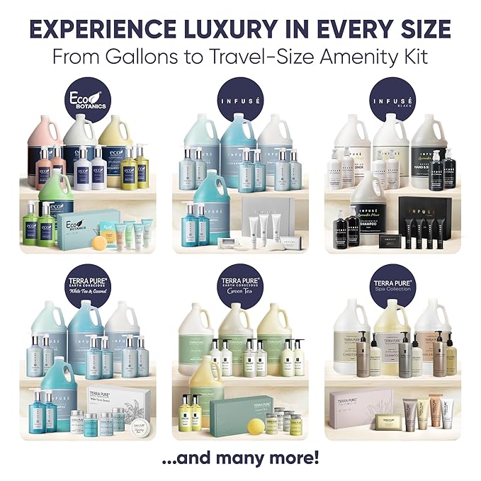 Eco Botanics Amenity & Accessory Kit | 0.85 oz Travel Size Shampoo, Conditioner, Lotion, Body Wash, Body Bar, Cleansing Bar, Shave & Dental Sets, Make-Up Remover Wipes, & Vanity Kit | 15 sets per case