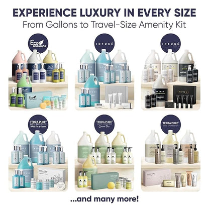 Eco Botanics Amenity & Accessory Kit | 0.85 oz Travel Size Shampoo, Conditioner, Lotion, Body Wash, Body Bar, Cleansing Bar, Shave & Dental Sets, Make-Up Remover Wipes, & Vanity Kit | 15 sets per case