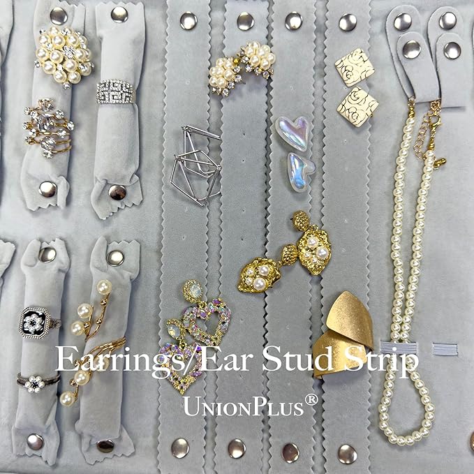 UnionPlus Velvet Travel Jewelry Case Roll Bag Organizer for Necklace Bracelet Earrings Ring, 6 PVC Pockets, Black+ Grey Upgrade Version