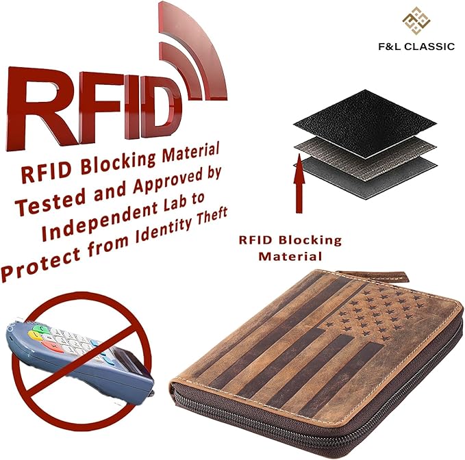 Passport Wallet - Travel Document Holder w/RFID Blocking – Full Grain Leather – Bifold compact zip around Wallet with Credit Card Slots for Women and Men, brown flag, 500-32