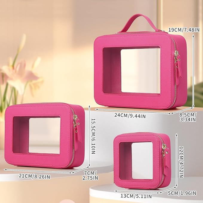 Pinkmik Clear Makeup Bag Waterproof Travel Case for Cosmetics and Toiletries Women's Purse Organizer and Clear Car Bag with Zipper (X/Fuxia, L+M+MINI)