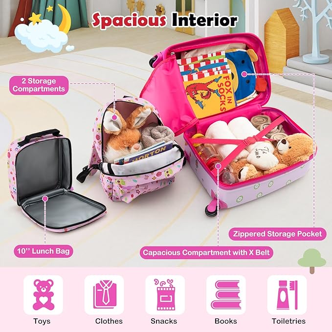 Goplus 5 Piece Kid’s Luggage Set, 16” Carry on Suitcase w/13” Backpack, Neck Pillow, Hardside Spinner Toddler Luggage, Travel Rolling Suitcase for Boys Girls Gifts (Pink, Owl)