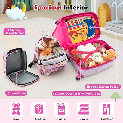 Goplus 5 Piece Kid’s Luggage Set, 16” Carry on Suitcase w/13” Backpack, Neck Pillow, Hardside Spinner Toddler Luggage, Travel Rolling Suitcase for Boys Girls Gifts (Pink, Owl)
