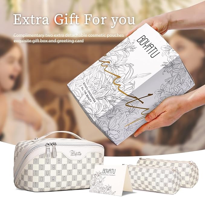 BOYATU Travel Makeup Bag Cosmetic Bags for Women: 3 Pcs Set Portable Make up Bag with Handle - Vegan Leather Toiletry Bags with Compartments - Makeup Organizer for Travel Essentials (C-3-White)