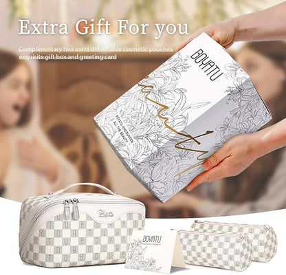 BOYATU Travel Makeup Bag Cosmetic Bags for Women: 3 Pcs Set Portable Make up Bag with Handle - Vegan Leather Toiletry Bags with Compartments - Makeup Organizer for Travel Essentials (C-3-White)