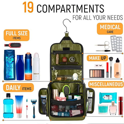 Travel Toiletry Bag for Men and Women - (10.6”x10.6”x3.2”) Large Hanging Toiletry Organizer - Waterproof Hygiene Bag with Metal XXL Swivel Hook, with Sturdy Zippers and 19 Compartments for Toiletries