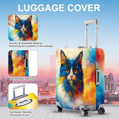 ANNA QUEEN Colorful Cat Luggage Cover, Artistic Blue Cat Design with Rainbow Colors, Stretchable, Washable Travel Sleeve for 28-30 Inch Suitcases