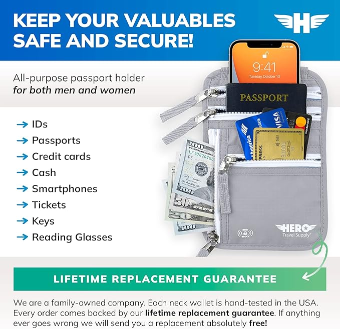 HERO Neck Wallet, RFID Blocking Passport Holder, Easy to Conceal and Pouch