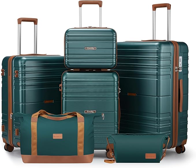 Luggage Sets 6 Piece with Spinner Wheels, Lightweight Hardshell Suitcase Set with TSA Lock, Carry On Checked Luggage with Travel Bag & Toiletry Bag(Dark Green, 6 piece sets（14/20/24/28/DB/TB）)