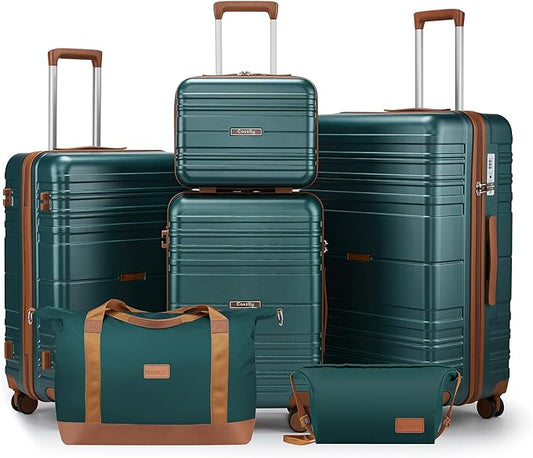 Luggage Sets 6 Piece with Spinner Wheels, Lightweight Hardshell Suitcase Set with TSA Lock, Carry On Checked Luggage with Travel Bag & Toiletry Bag(Dark Green, 6 piece sets（14/20/24/28/DB/TB）)