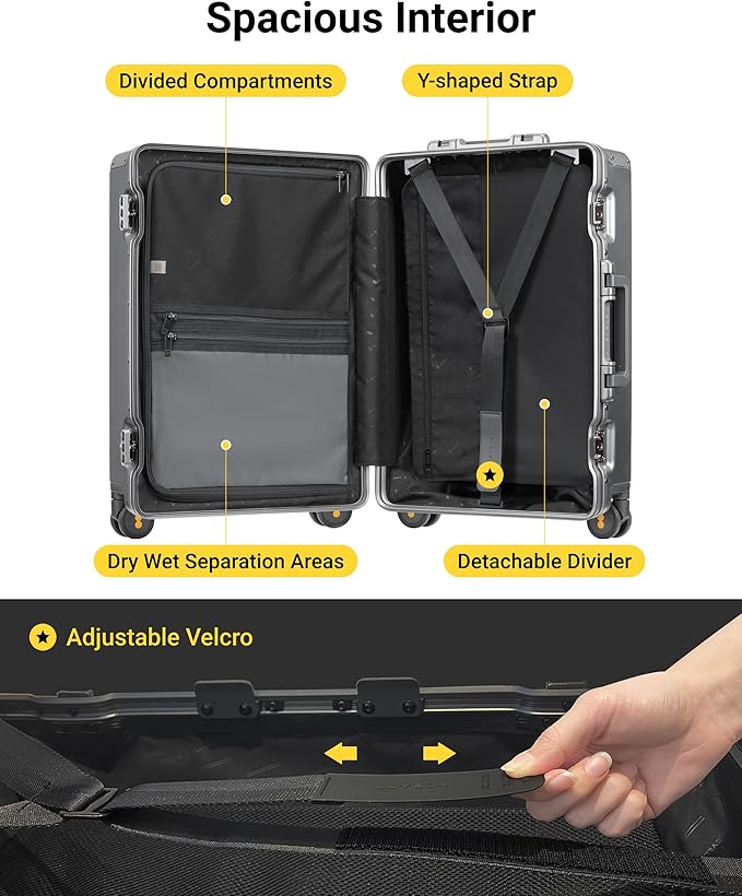 LEVEL8 Zipperless Checked Luggage with Aluminum Frame, Upgraded Medium Hardside Suitcase with Spinner Wheels, Metal Travel Luggage with Double Tsa Locks, 24 Inch, Grey