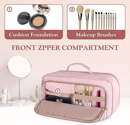 Fasrom Travel Makeup Bag for Women, Large Capacity Cosmetic & Toiletry Organizer Case, Make Up Storage Bags with Handle, Portable Pouch for Travel Essentials, Pink (Empty Bag Only)
