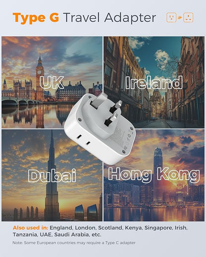 US to UK Plug Adapter 2 Pack, TESSAN Type G Adapter for Travel with 4 Outlets 3 USB (2 USB-C), Power Adaptor for US to UK Ireland London Scotland Kenya Dubai Singapore Hong Kong