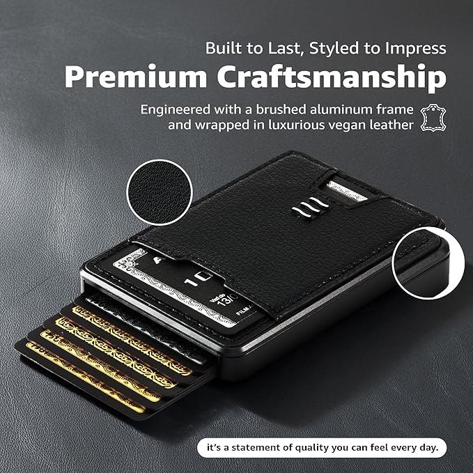 RFID Blocking Wallet, Minimalist Card Holder with Quick Access, Holds 1 to 12 Cards & Cash, Vegan Leather & Brushed Aluminum, Gift-Ready Packaging (Black)