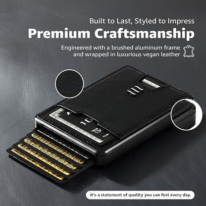 RFID Blocking Wallet, Minimalist Card Holder with Quick Access, Holds 1 to 12 Cards & Cash, Vegan Leather & Brushed Aluminum, Gift-Ready Packaging (Black)