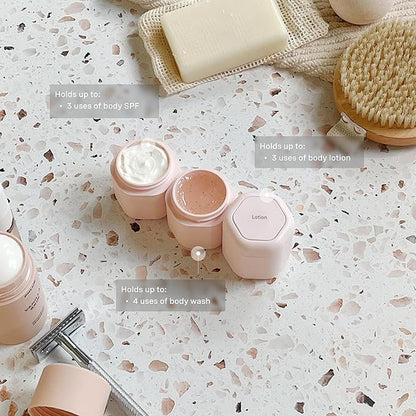 Cadence Travel Containers - Body Care Capsule Set - Magnetic Containers with Lids,Carry On Travel Essentials for Women/Men - 3 Flex Mediums (1.32oz) - Body Wash, Lotion & Sun Icon Labels - Petal