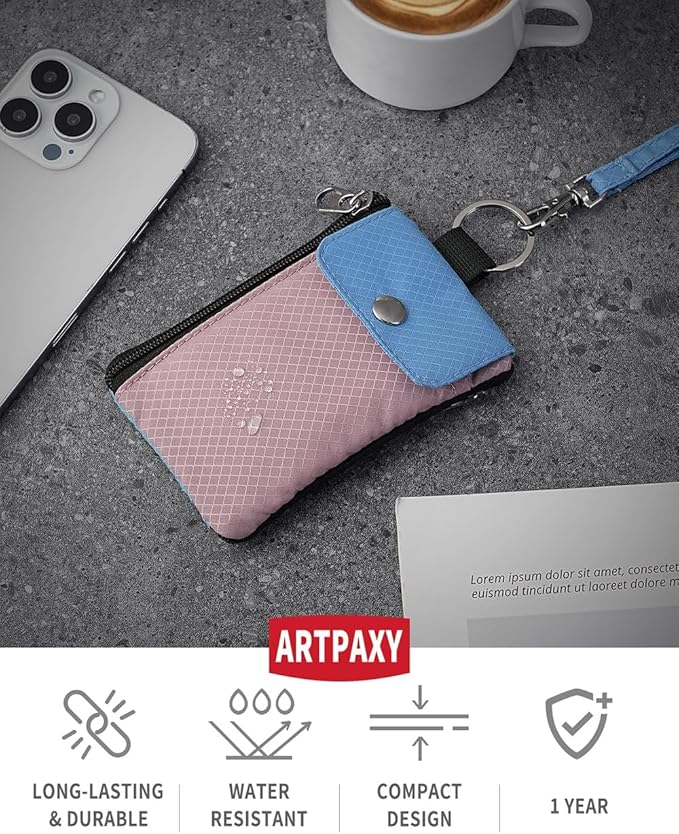 Minimalist Wallet For Mens Womens, Keychain RFID Blocking Zipper Small Wallet with ID Window 2 Lanyards,Water Resistant Travel Cash Card Coin Case Boys Girls