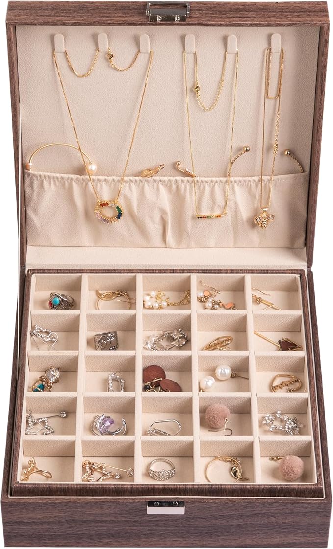 Frebeauty Earring Organizer Classic Jewelry Box 50 Slots Double Layer Jewelry Storage Case with 6 Necklace Hook and Bracelet Pocket(Tree Brown)